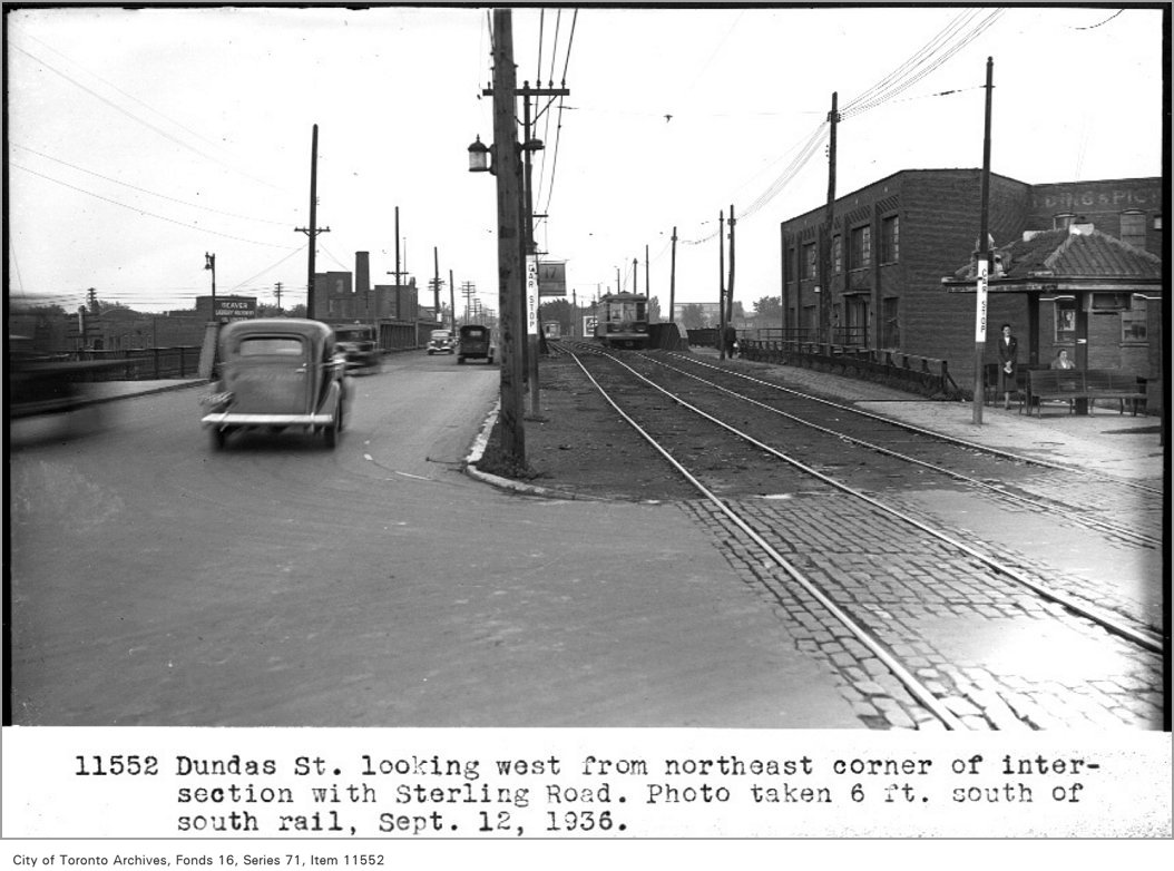 Dundas St, looking west, from north-east corner of intersection with Sterling Road; Photo taken 6 feet south of south rail, (Legal Department)